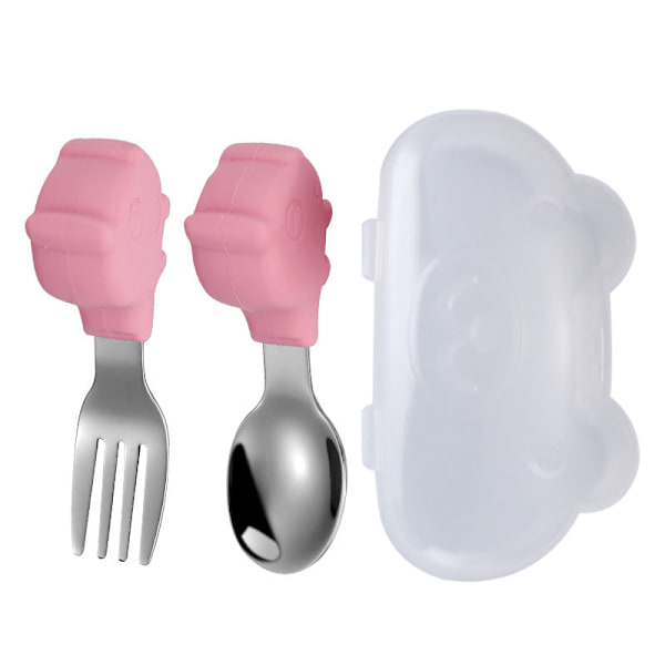 Vauvan haarukka ja lusikka integroidulla silikageelikiinnikkeellä taaperon ruokailuun tarkoitettu lautanen lasten astiasto Fork-pink