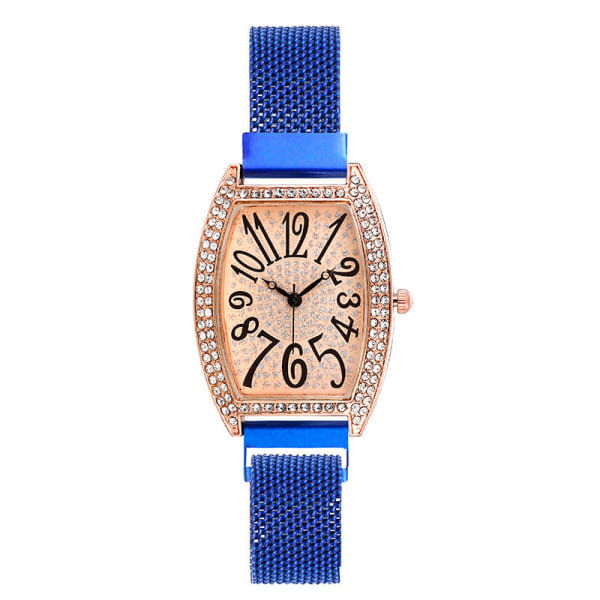 Dekorativ dameur med mesh-rem, trendy stjernebesat krystal tøndeformet quartz ur, dekorativt dameur Blue