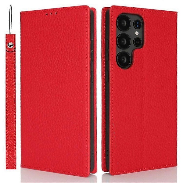 Plånboksfodral i äkta koläder med Litchi-textur för Samsung Galaxy S25 Ultra Red