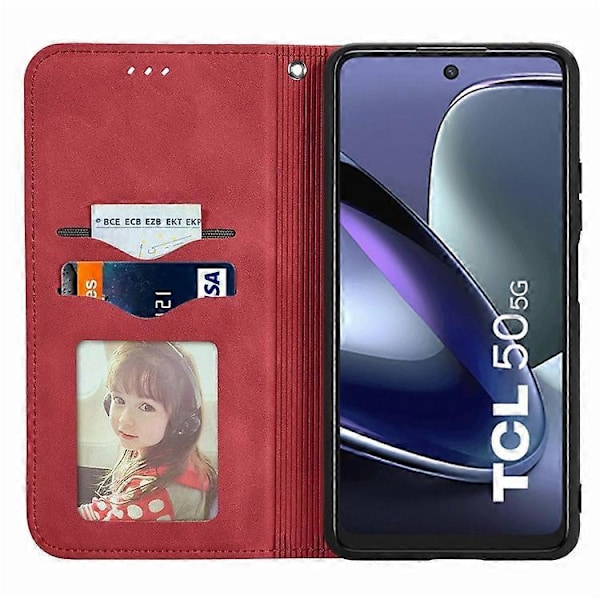 Yhteensopiva TCL 50 5G -kotelon kanssa, ihon tuntuinen nahkainen korttipidike, puhelimen suojus magneettisella imulla Red