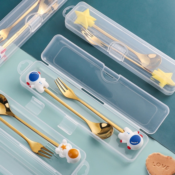 Q Joulu Jälkiruokalusikka-haarukka Setti Söpö Nukkemainen Jälkiruokalusikka Sarjakuva Astiasto Hedelmähaarukka Kannettava Kahvilusikka Peach gold spoon Fork storage box