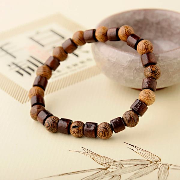 8mm Naturligt Rund Cylinder Träpärlor Armband Män Klassiskt Elastiskt Buddhistiskt Böne Buddha Armband Hommes ABJ003-4