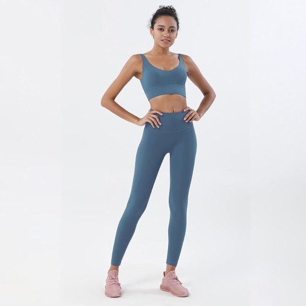 Yoga Sett Sportsdrakt Dame Loungewear Crop Topper Og Leggings Dark Gray   Navy L