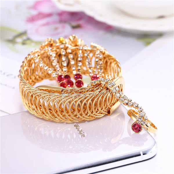 Trendy Dame Diamant Klo Kjede Ring Sett Klokke Red