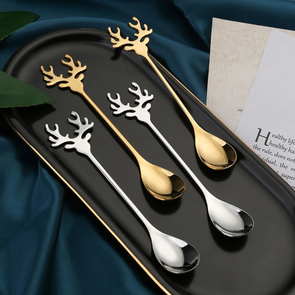 Kaffedessertsked Rostfritt Stål Sked Hjortsked Jul Nyårspresent 304 elk spoon titanium * 2 blue case