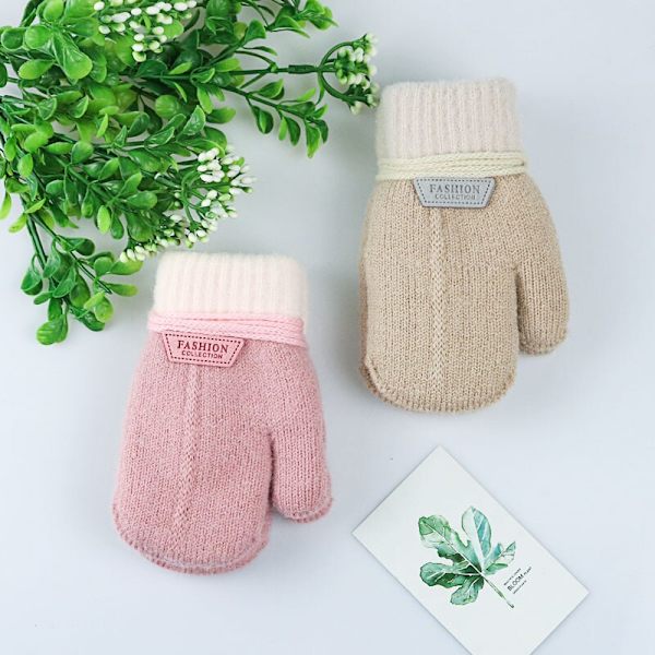 Barnhandskar Vinter Enfärgad Tjockare Plus Sammet Halterhandskar För Barn Småbarn Utomhus Håll Varma Stickade Vantar Med Snöre B(1-3 Years)