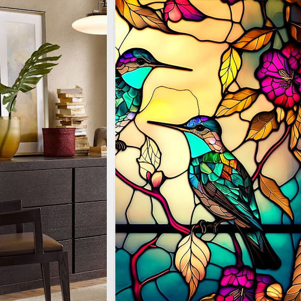 Värikkäät Retro Kukkakuvioiset Linnut Ikkunalasi Sähköstaattiset Tarrat Irrotettava Ikkunan Yksityisyys Lasimaalaus Koristekalvo Kotiin ja Toimistoon BL125 60x100cm