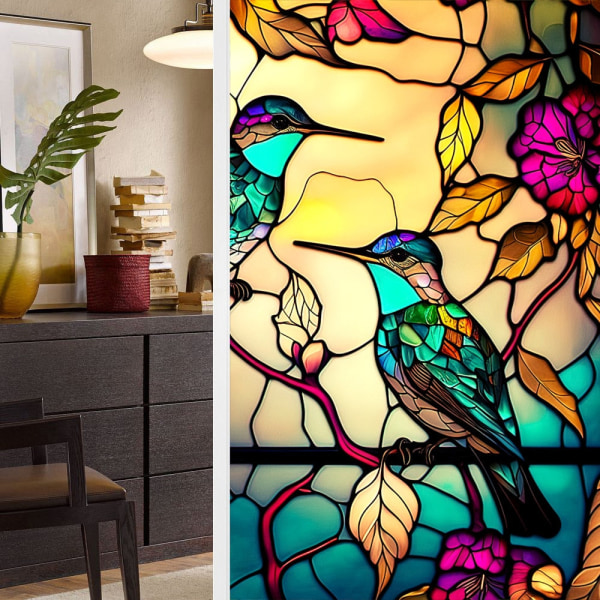 Värikkäät Retro Kukkakuvioiset Linnut Ikkunalasi Sähköstaattiset Tarrat Irrotettava Ikkunan Yksityisyys Lasimaalaus Koristekalvo Kotiin ja Toimistoon BL127 45x100cm