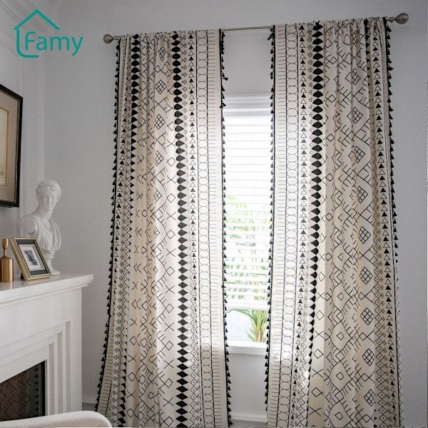 Boho Bomulls- og Lintegritygardin Amerikansk Duskelavslutning Svart og Hvit Trykte Gardiner for Stue Soverom Kjøkken Hjemmetekstil KC40 W150xL220cm
