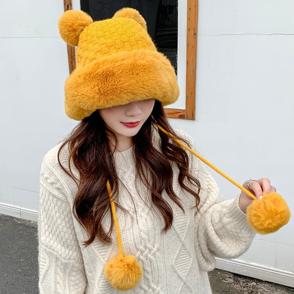 Höst och vinter Sweet Mickey Fur Ball Cap i koreansk stil utomhus fleece varm yllehatt Milky White Average size