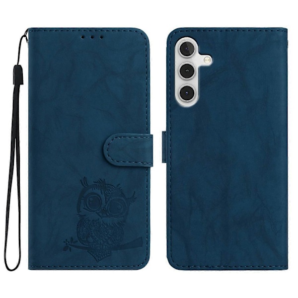 Fodral för Samsung Galaxy A16 4G 5G Uggla Präglat PU Läder Plånbok Telefonfodral med Handledsrem - Pur Blue