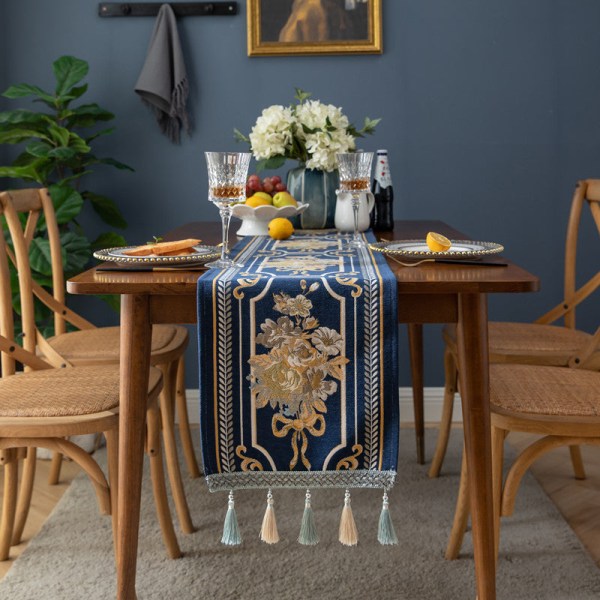 Bordløper i europeisk stil med blomster, chenille-dusker, duk til hjemmet, polyesterduk, bordløper European white long fringe 32X220