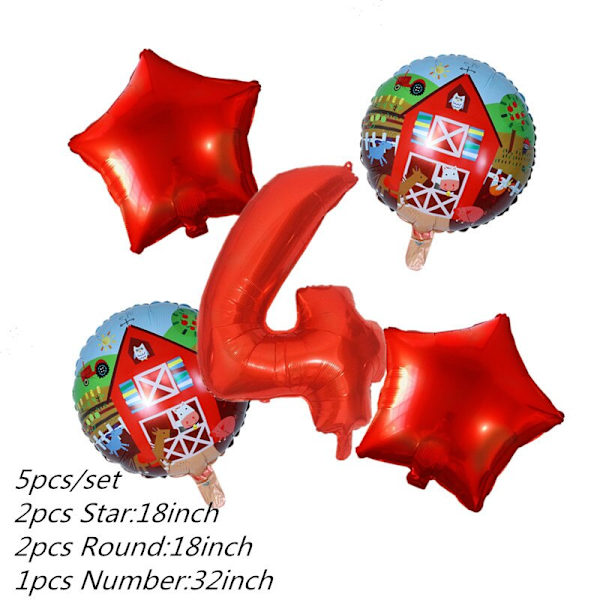 1 Set Folieballonger med Djurtema från Bondgården, Uppblåsbara, Grattis på Födelsedagen, Partydekoration, Barnfödelsedagstallrik, Mugg, Servett, Banner, Omslag 5pcs number 4 set