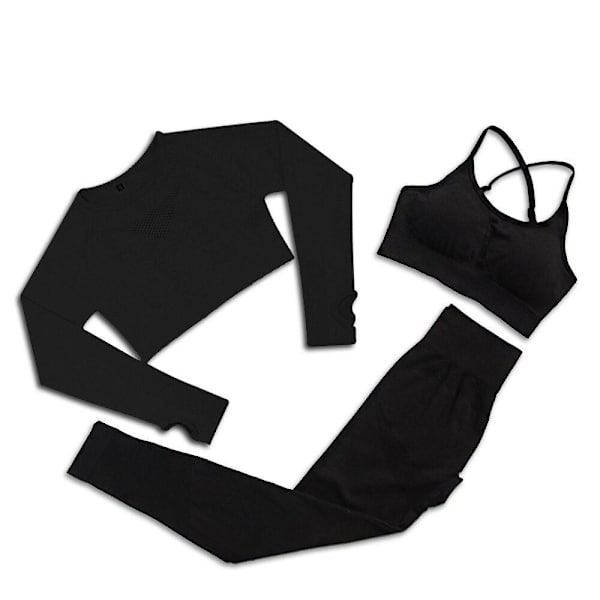 Joogasetti Kuntosalivaatteet Verryttelypuku Korkeavyötäröiset Housut Urheiluliivit Naisille 3Pcs Set-Black XL