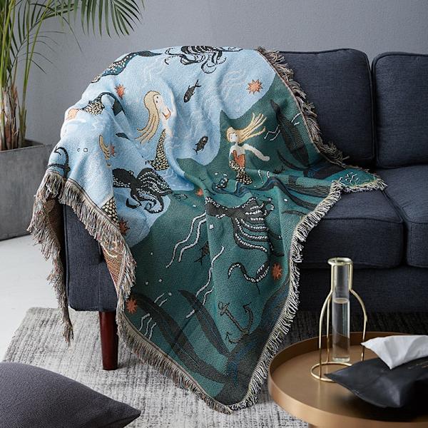 Textile City Filt i nordisk stil, sjöjungfrumönster, för säng, vardagsrum, gobeläng, matta, sofffilt, överkast Mermaid 90x150cm
