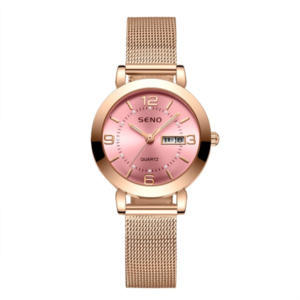 Quartz Ur Ikke-Mekanisk Dameur Lysende Vandtæt Dobbelt Kalender Kvinde Studerende Stålrem Ur Rose gold powder