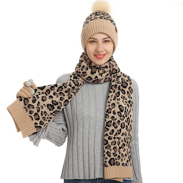 2023 Vinter Leopardtrykk Fortykket Ullcaps Utendørs Hold Varm Hatt Skjerf Hansker Tredelt Sett Cameo Brown