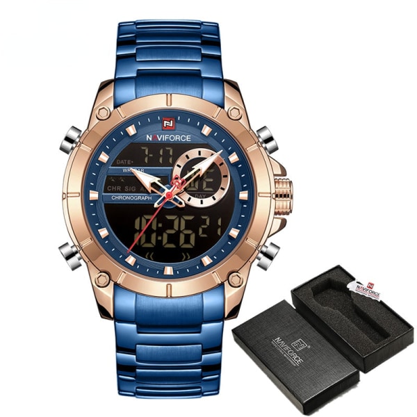 Herr Militär Sport Armbandsur Guld Quartz Stål Vattentät Dubbel Display Herrklockor Relogio Masculino RGBEBE BOX