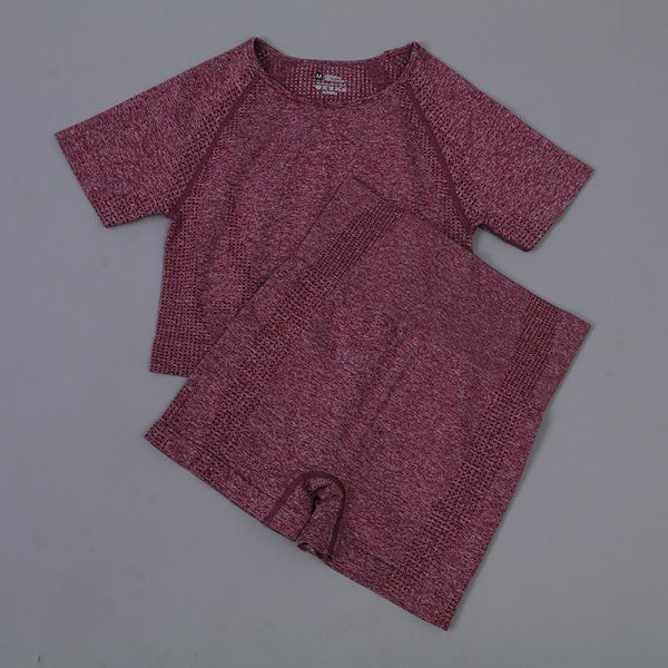 Joogasetti Urheilupuku Treenausvaatteet Lyhythihainen Crop Top Joogashortsit Naisille wine red set M