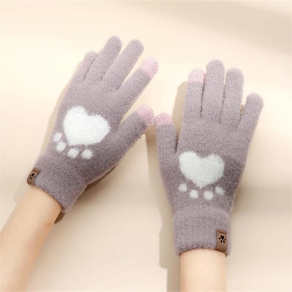 Kattepote Print Handsker Mobiltelefon Touchscreen Strikkede Handsker Vinter Tykke &amp; Varme Voksen Bløde Fluffy Handsker Herre Dame Grey1 One Size