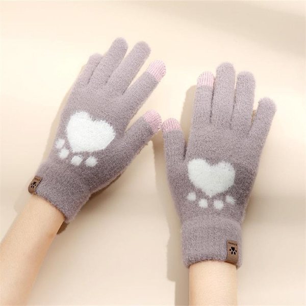 Kattepote Print Handsker Mobiltelefon Touchscreen Strikkede Handsker Vinter Tykke &amp; Varme Voksen Bløde Fluffy Handsker Herre Dame Pink One Size