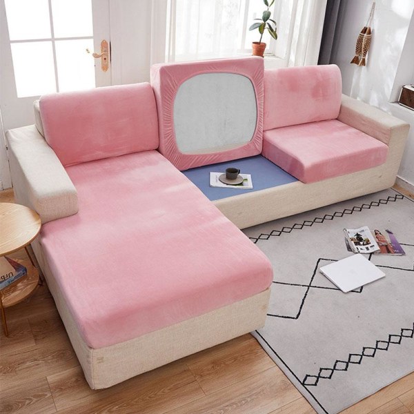 1/2/3-sits Enfärgad Tjock Sammet Stretch Soffskydd Sofföverdrag Sittdyna Pink 3 Seater