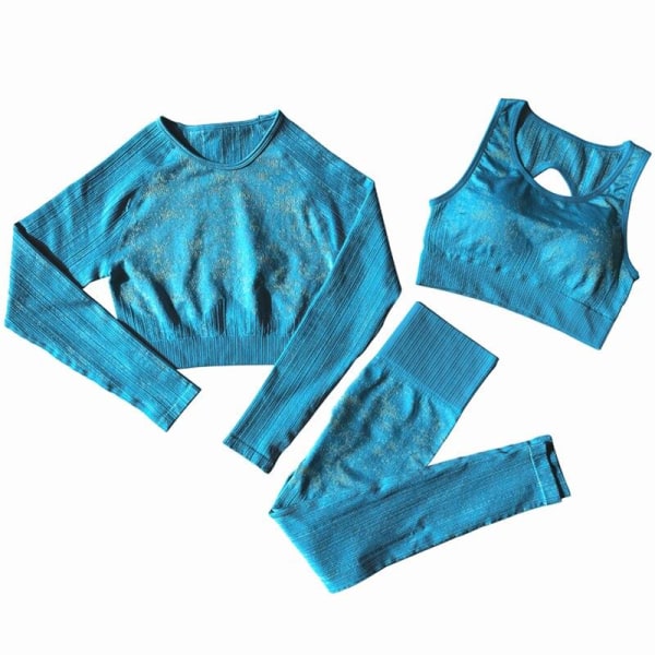 Set Långärmad Crop Top T-shirt Leggings träningsoverall för kvinnor 3pcs Blue Set S