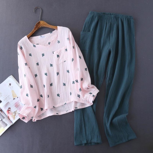 Nya Japansk Stil Vår och Höst Dam Bomull Krepp Tyg Långärmad Byxor Pyjamas Kaktus Bekväm Hemmaservice Pink M