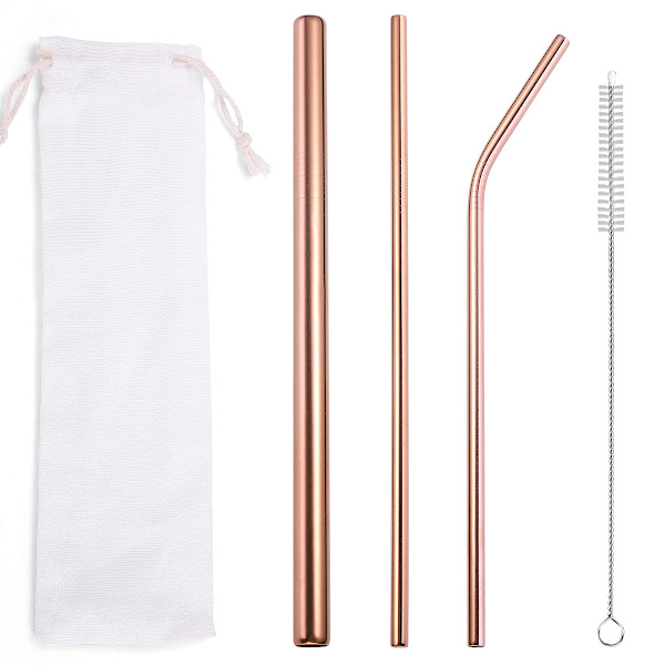 Suosittu astiasto elintarvikelaatuinen ympäristönsuojelu ruostumattomasta teräksestä valmistettu pilli juoma maito tee metallipilli 3 settiä Gold 3 straw 1 brush/black bag