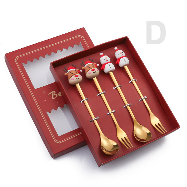 Julsked Bestick Present Söt Hänge Sked Gaffel Rostfritt Stål Julgran Hemfest Bordsartiklar Gold Doll spoon four pack A- red box