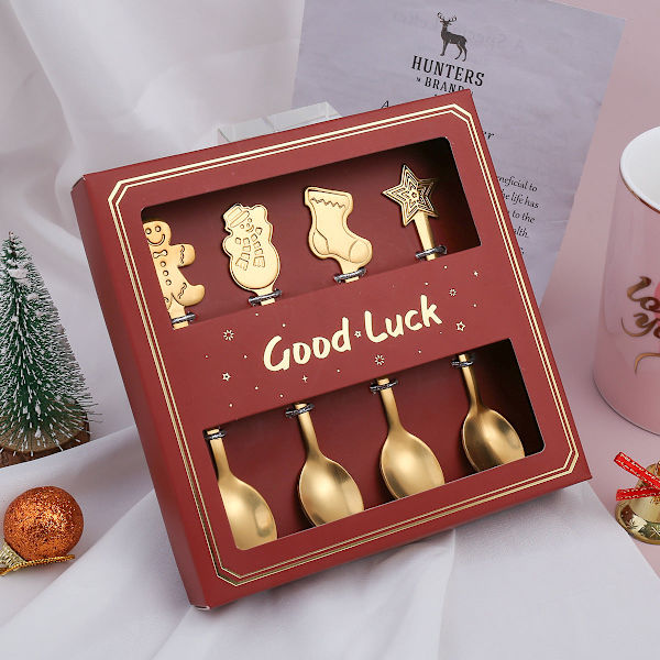 Pieni lusikka Lumimieslusikka Pohjoismainen tyyli Astiasto Lahjalusikka Lahjapakkaus Joululahjapakkaus Golden Spoon-snowman