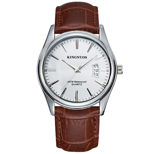 Trendy Mode Stålbælte Herre Kalender Vandtæt Læder Urrem Ur Brown Belt white plate men's