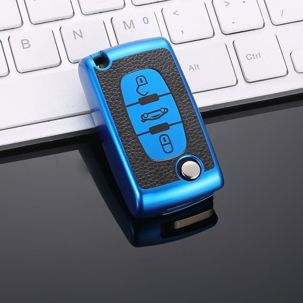 TPU Läder 2/3 Knappar Bil Fjärrnyckel Fodral Skydd för Citroen C2 C3 C4 C5 C6 C8 för Peugeot 107 207 307 307S 308 407 607 3button blue