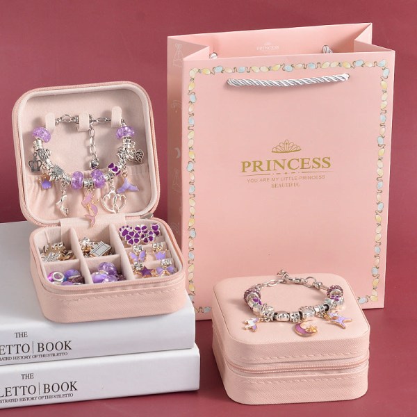 Børns Pædagogiske Håndlavede DIY Perlearmbåndssæt Kreativt Smykkearmbåndssæt Gaveæske Blue jewelry box 66PCs