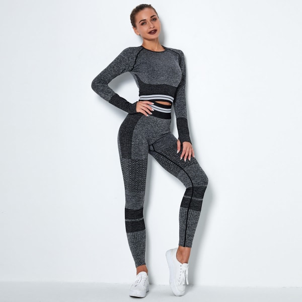 Sømløs Strikket Hurtigtørrende T-shirt Sports Løbe Yoga Tøj Langærmet Sæt Stribede Fitness Yoga Bukser 6302 long sleeve trousers suit-Blue M