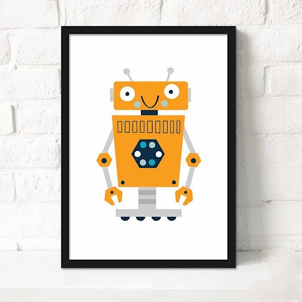 Wekity Tegneserie Robot Vægkunst Lærredsprint Plakat, Simpel Sød Akvarel Kunst Tegning Indretning til Hjemmet Stue Soveværelse Kontor og Børneværelse (S
