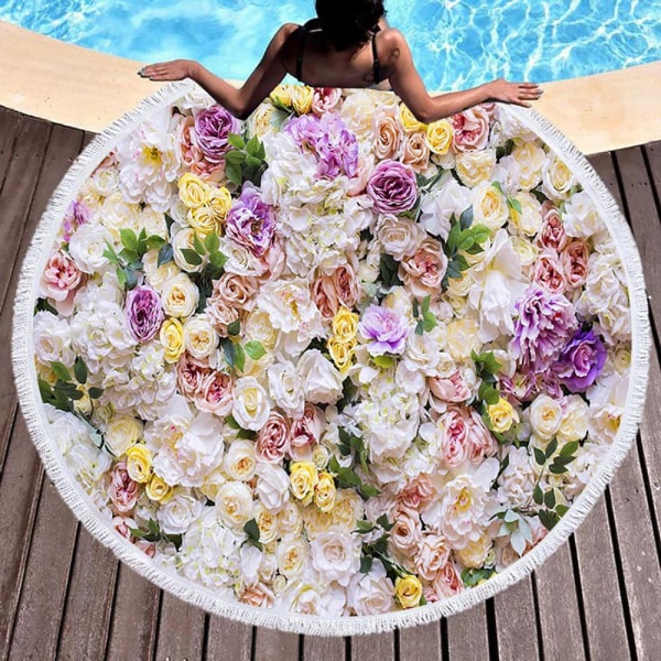 Kawaii Blommor Rosbuske Rosa Strand Badhandduk Rund Havsfilt Strand Yoga Matta Picknickmatta Absorberande Manteau Kappa 4