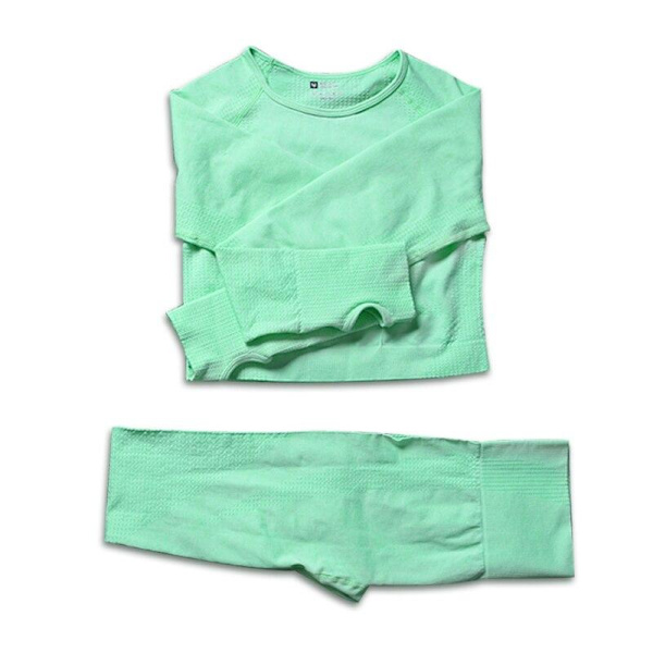 Yoga Sett Treningsklær Langermet Crop Top Høyt Liv Leggings For Kvinner 2E-Blue grey S