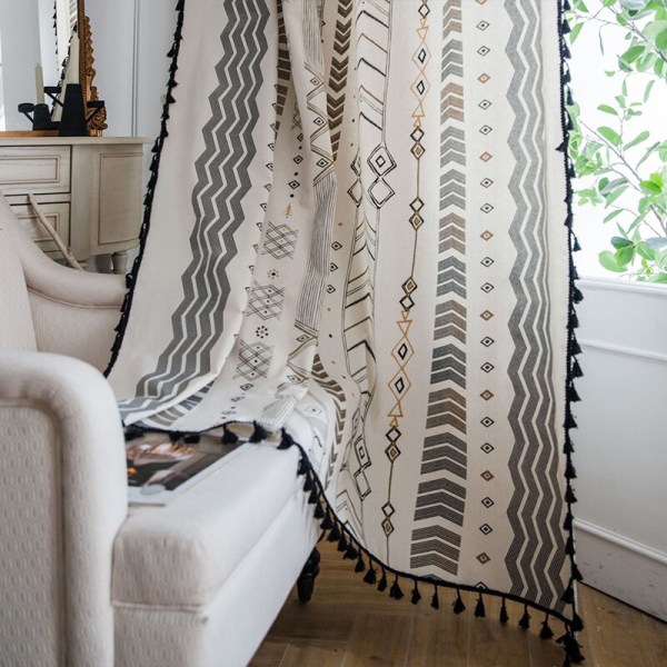 Boho Geometrisk Bohemisk Gardin För Sovrum Vardagsrum Bomull Linne Tryckta Dekorativa Gardiner med Tofs Heminredning E0011 W150XH280