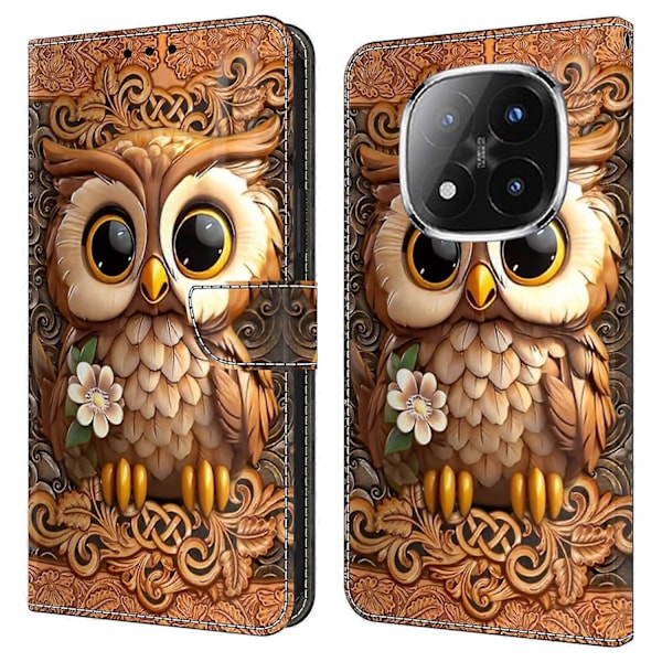 Fodral för Xiaomi Redmi Note 14 Pro+ 5G med kortfack, mönstrad tryckt TPU+PU läder flip telefonfodral Red Owl
