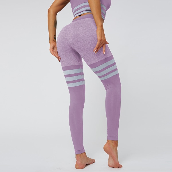 Europeisk och amerikansk sexig persika höft Yogabyxor med hög midja, stickade sömlösa och andningsbara randiga Yoga- fitness för kvinnor 6088 pants-light pink L