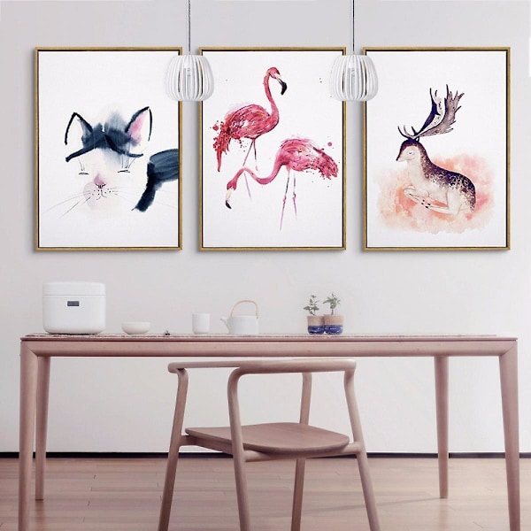 Wekity Katter, Flamingoer og Elg Veggkunst Lerretstrykk Plakat, Enkel Mote Akvarell Kunst Tegning Dekor for Hjem Stue Soverom Kontor og Barn