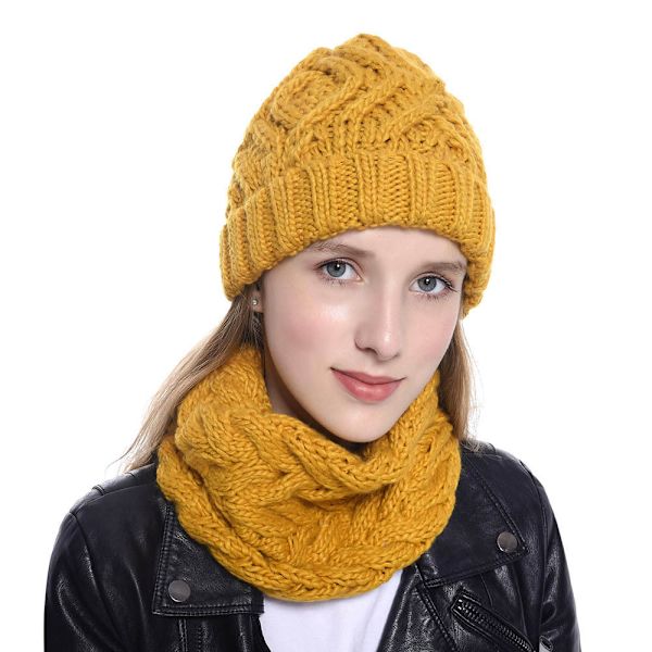 Strikket hue og halstørklæde sæt til kvinder, to-delt, efterår og vinter, ny moderne uldhue Ginger yellow