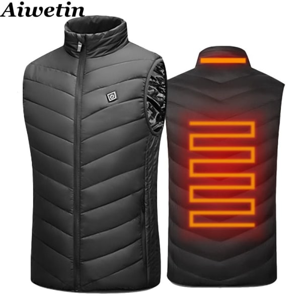 Herre Utendørs USB Infrarød Varmevest Jakke Herre Vinter Elektrisk Oppvarmet Vest Vattert Vest For Sport Fotturer Oversized 5XL Double switch black XL