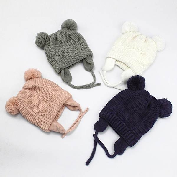 Sød Strikket Pompom Babyhue Handsker Kasket Tyk Varm Pige/Dreng Hue Handsker Beanie Vinter Ørevarm Børnehue Baby Bonnet Muts WhiteGlovesHat