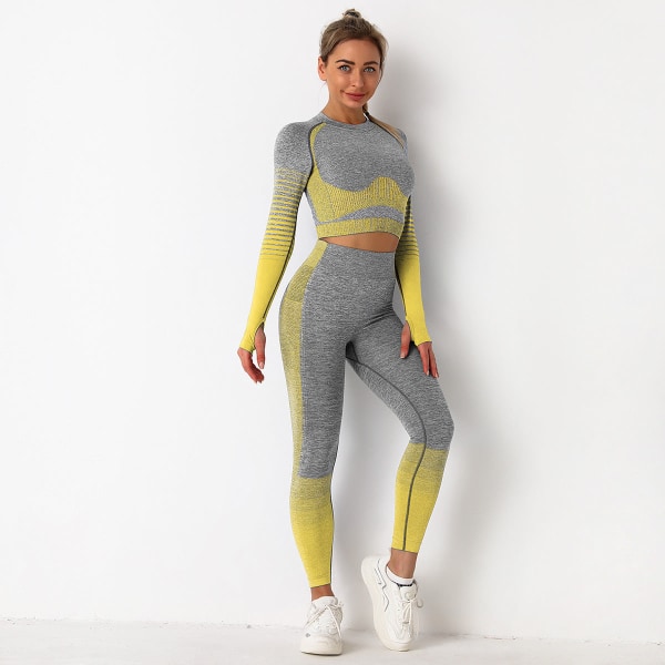 Europæisk og amerikansk sømløs yogadragt til kvinder, strikket hofteløftende høj elasticitet træningsbukser, trænings yogatøj 6092 long-sleeve suit-White L