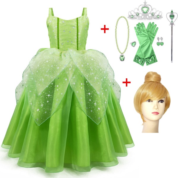 Cosplay Piger Fest Inspireret Klokkeblomst Grøn Fe Prinsesse Kjole Kostumer med Vinger Sæt Only dress 140(8-9Y)
