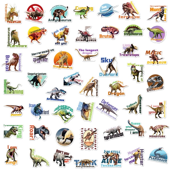 50 kpl Dinosaurustarroja, sopivat kannettavaan tietokoneeseen, moottoripyörään, rullalautaan, matkatavaroihin, jääkaappiin, muistikirjaan, lelutarrat Default Title