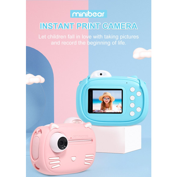 Minibear Barnkamera för Barn Direktkamera 1080P Digitalkamera för Barn Fotokamera Leksaker för Flicka Pojke Födelsedagspresenter T-Paper-10 Rolls