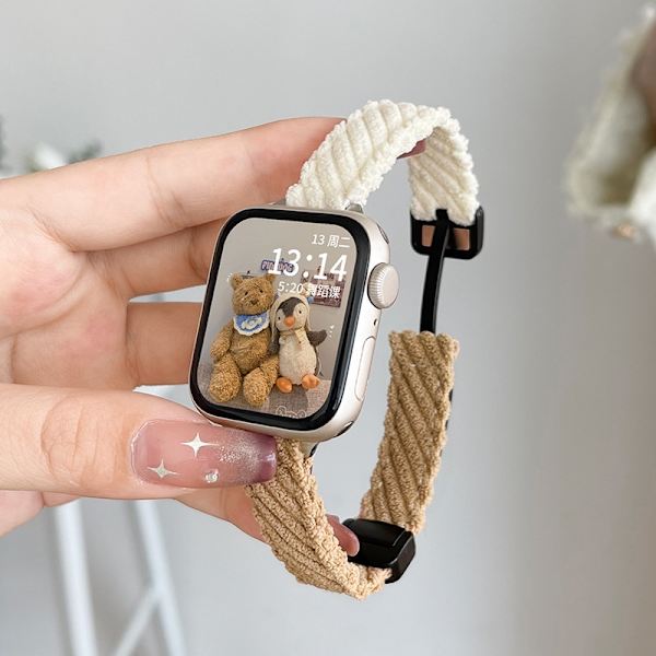 Kellon ranneke Apple Watch iWatch 45mm S9/8/7 sukupolvelle Corduroy magneettikiinnityksellä | maitomainen valkoinen ja khaki